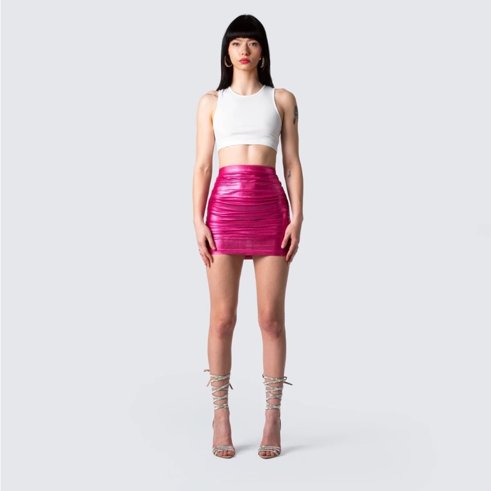Pink Metallic Shirred Pink Mini Skirt